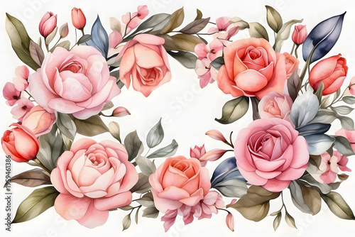 Pastel watercolor flower frame with blooming roses and spring tulips for wedding invitations.