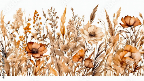 Seamless botanical pattern of hand-painted neutral wildflowers and dried autumn grass.