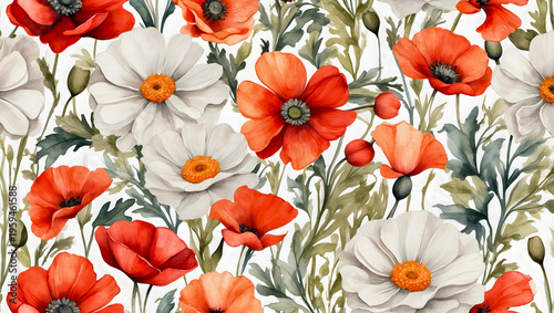 Seamless fabric design with vibrant red and white flowers in a loose watercolor style.