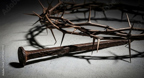 A Rusty Nail and Crown of Thorns Casting a Shadow on a Textured Surface, Symbolizing Sacrifice and Redemption