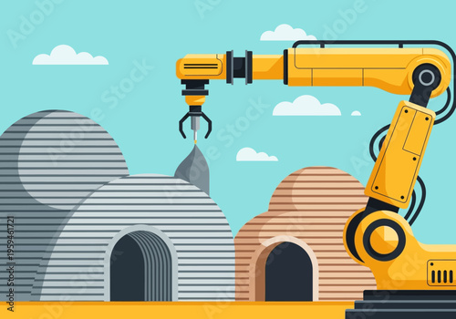 Industrial Robotic Arm 3D Printing Modern Concrete Dome Houses, Future of Construction and Innovative Architectural Technology Illustration