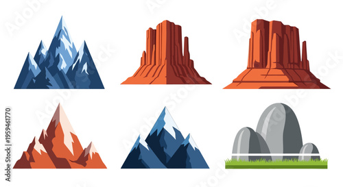 Vector Mountain and Rock Formations Collection - Flat Design Alps, Desert Mesas, and Boulders Set on White Background