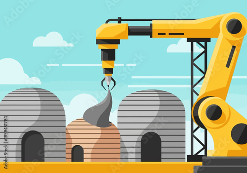 Robotic Arm 3D Printing Futuristic Dome Houses, Automated Construction and Sustainable Architecture Concept Vector Illustration