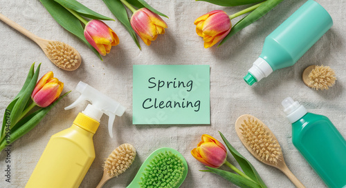 top view of spring tulips and green cleaning supplies near spring cleaning card on white background