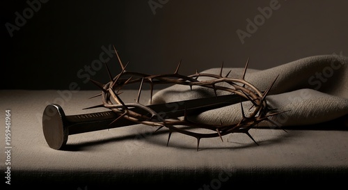A solemn and profound depiction of ultimate sacrifice and spiritual redemption, featuring a crown of thorns and a symbolic nail, evoking deep contemplation on faith and suffering