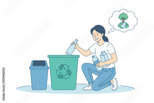 Young woman sorting garbage for recycling. Concept of zero waste lifestyle, environmental sustainability and saving the Earth. Girl putting bottles in recycle container. Flat vector for eco projects.