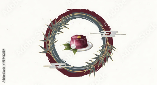 Japanese Decorative Style, Elegant circular frame (enso style) of a delicate yokan jelly dessert, featuring graceful bamboo leaves, in a rich palette of deep burgundy, gold, slate grey