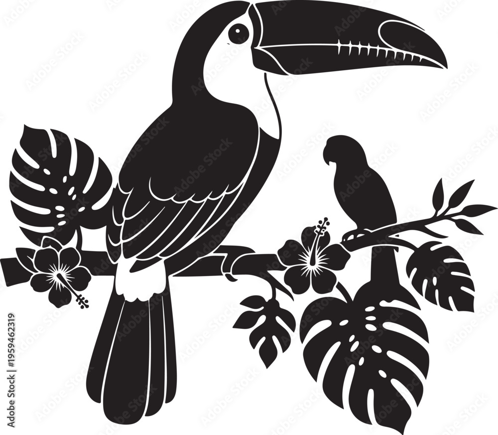 Fototapeta premium Silhouette of colorful toucan and tropical leaves on white, Generative Ai