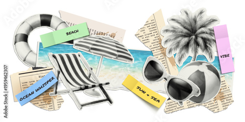 Vector summer and ocean illustrations cut out from magazines, scraps of old newspapers and stickers with quotes. Trendy retro elements with a halftone effect for collage, poster, banner, cover design.
