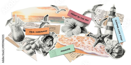 Vector summer and ocean illustrations cut out from magazines, scraps of old newspapers and stickers with quotes. Trendy retro elements with a halftone effect for collage, poster, banner, cover design.