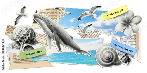 Vector summer and ocean illustrations cut out from magazines, scraps of old newspapers and stickers with quotes. Trendy retro elements with a halftone effect for collage, poster, banner, cover design.