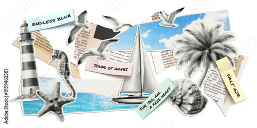 Vector summer and ocean illustrations cut out from magazines, scraps of old newspapers and stickers with quotes. Trendy retro elements with a halftone effect for collage, poster, banner, cover design.