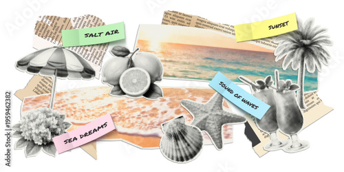 Vector summer and ocean illustrations cut out from magazines, scraps of old newspapers and stickers with quotes. Trendy retro elements with a halftone effect for collage, poster, banner, cover design.