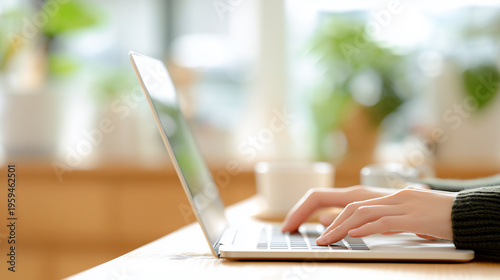 ノートパソコンで作業する女性の手元と在宅ワーク環境