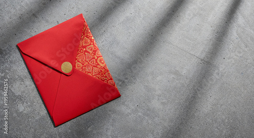 red and colorful envelope on grey background with copy space