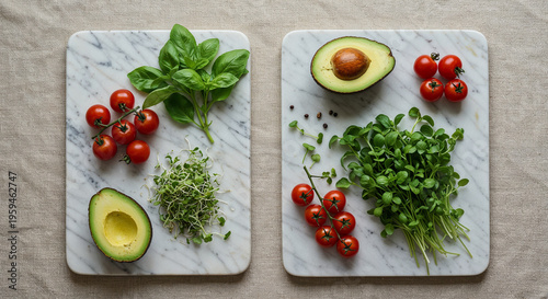 Top view of cutting boards with basil leaves, microgreens, cherry tomato and avocado halves with