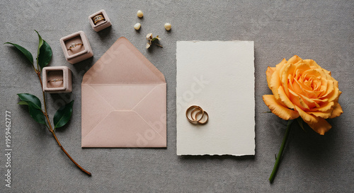 top view of empty card with pink envelope and golden wedding rings on grey background