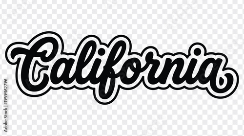 Stylized script lettering spelling California with black outline isolated on transparent background