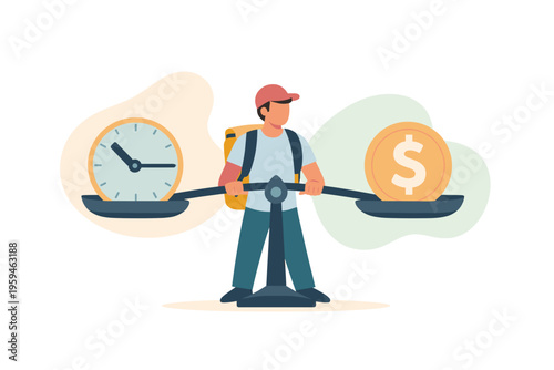 Delivery person balancing time and money on scales concept illustration.