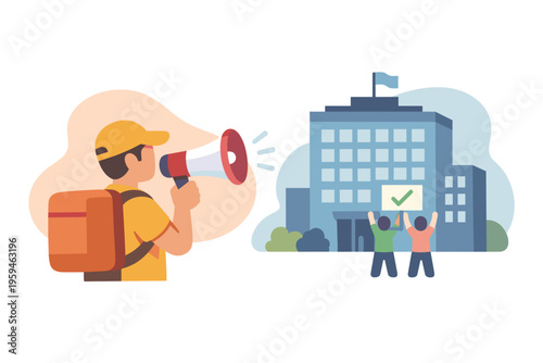 Delivery person with megaphone announces at building with people holding signs.