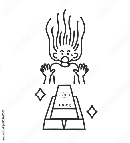 ゴールドバーを見て驚きの表情の女性のイラスト　線画のみ