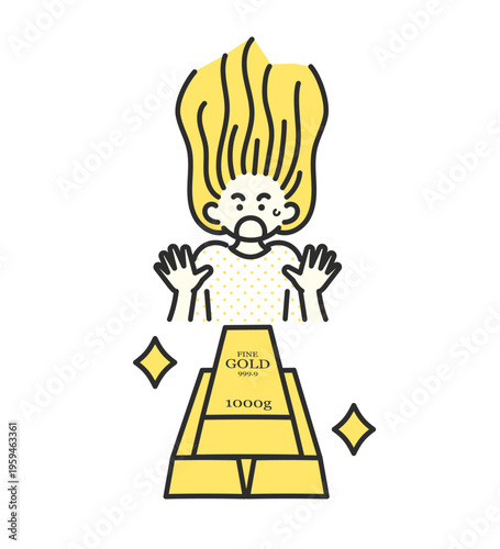 ゴールドバーを見て驚きの表情の女性のイラスト