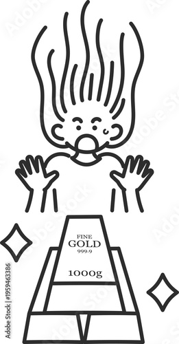 ゴールドバーを見て驚きの表情の女性のイラスト　線画のみ