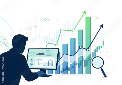 Businessman analyzing data on computer screen.
