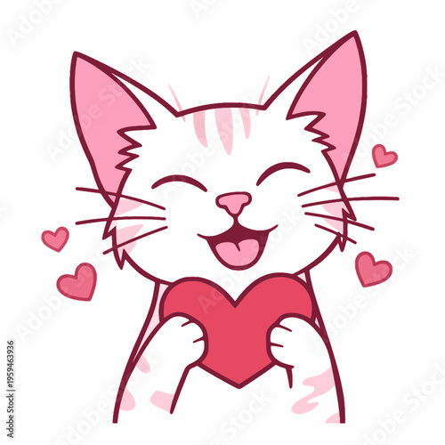 Happy Pink Cat with Heart