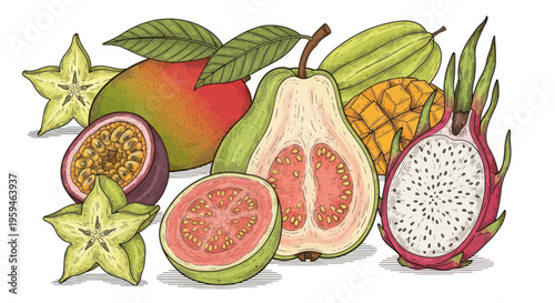 Exotic Fruits Assortment: Mango, Guava, Dragon Fruit, Star Fruit, Passion Fruit