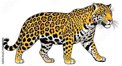 Majestic Jaguar Walking Isolated on White Background, Wild Cat Illustration
