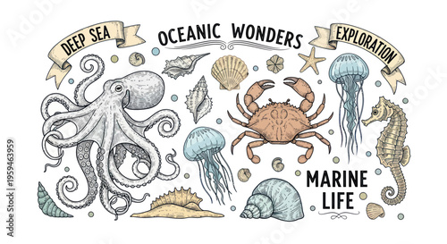 Oceanic Wonders: Deep Sea Exploration with Marine Life Illustration