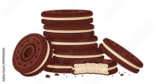Stack of Chocolate Sandwich Cookies with Cream Filling, Isolated