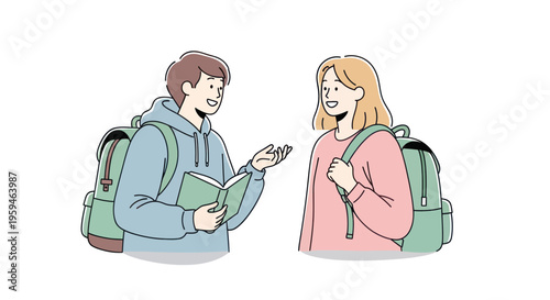 Students with backpacks talking and reading outdoors, education concept