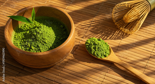 bowl and wooden spoon with powder of green matcha tea on bamboo mat