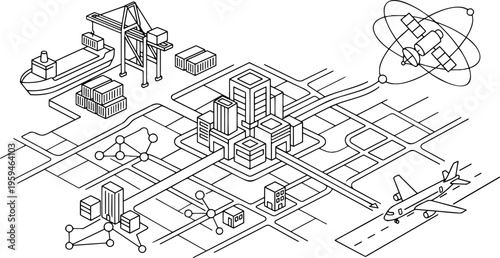 Isometric line art vector of global logistics and smart city transport network