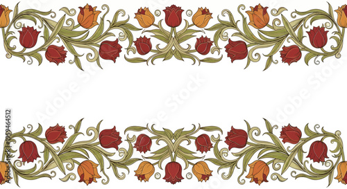 Ornate floral borders with red and orange tulips, scrollwork, and leaves