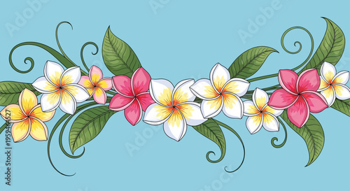 A border of frangipani flowers and green leaves on a light blue background