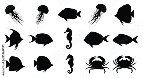 Black vector silhouettes of various ocean marine life creatures, including jellyfish, fish, seahorses, and crabs.