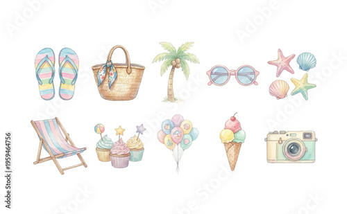 Watercolor Summer Beach Party Clipart Set — 10 Tropical Vacation Elements PNG SVG Vector Illustration
