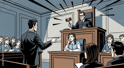 Dramatic courtroom scene with judge banging gavel lawyer gesturing and jury watching conveying justice and tension