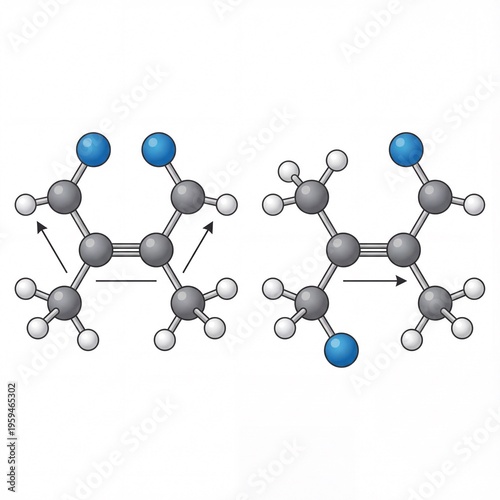 Illustrating molecular rearrangement and bond formation in organic chemistry, depicting isomer transformation and atom movement within chemical structures