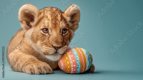 Charming cub and easter egg: a heartfelt greeting card scene. Professional photo. Playful cub embracing easter: vibrant scene with decorative egg. Clear focus. Advertising photo.