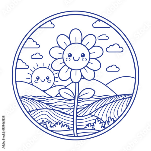A charming line drawing depicts a smiling sunflower with a sun and landscape inside a circle