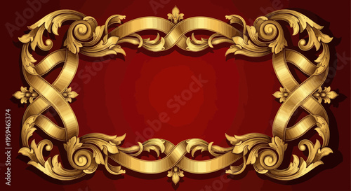 Ornate gold scrollwork and ribbon frame against a deep red background