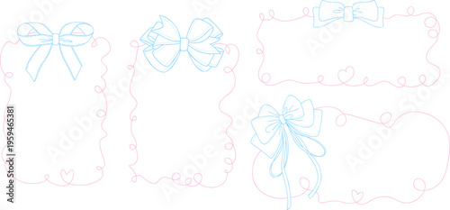 Hand Drawn Ribbon Bow Frames Set with Decorative Swirls and Hearts, Elegant Line Art Borders for Wedding Invitations, Greeting Cards, Branding, Packaging and Romantic Design Templates