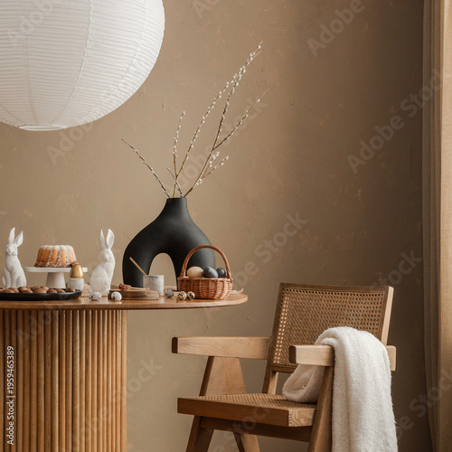 A refined Easter breakfast setup featuring a wooden dining table, a rattan chair, and a black sculptural vase with soft willow branches, creating a sophisticated seasonal atmosphere.