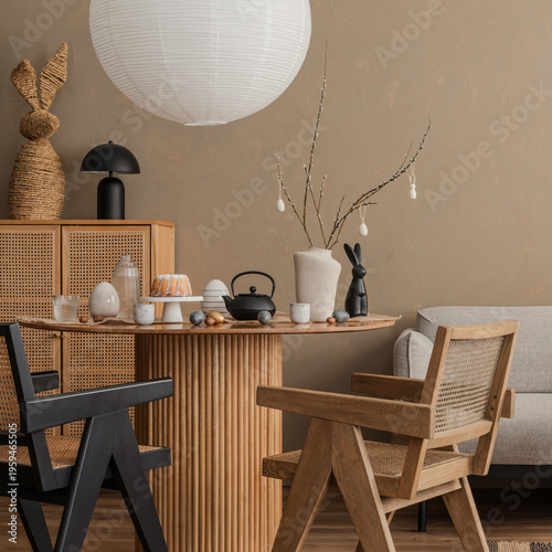 Neutral Easter-themed interior with natural textures, wooden furniture, and minimal spring decor.