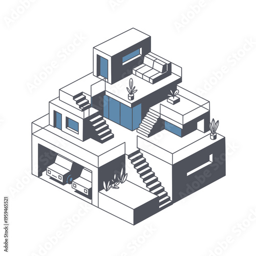 Isometric illustration of a modern multi-level house with a garage, balconies, and outdoor stairs, showcasing architectural design.