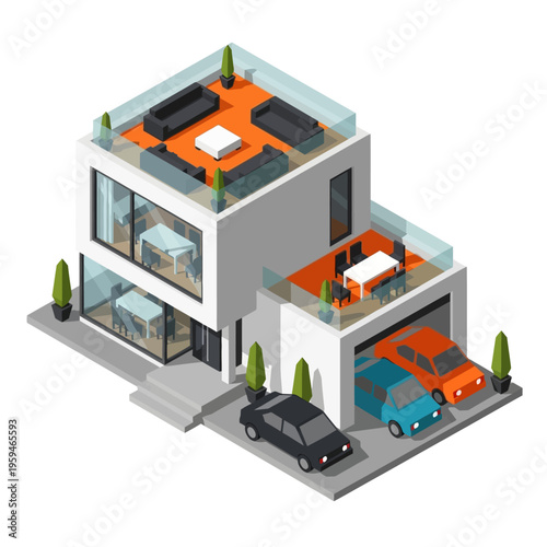 Isometric view of a modern luxury house with a rooftop terrace, multiple cars, and a garage, showcasing contemporary architectural design.